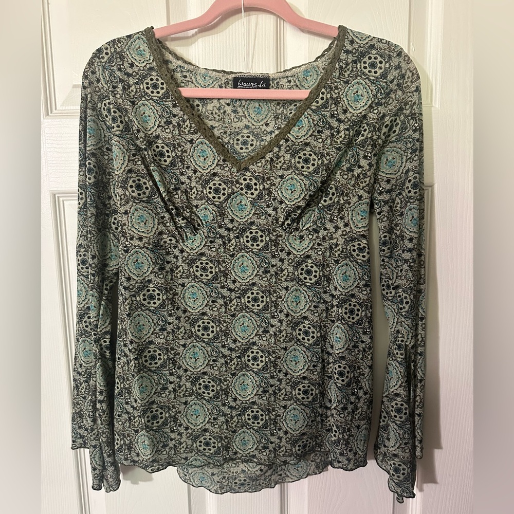 Vintage Boho Fitted Long Sleeve Green and White Blouse